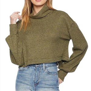 Free People Olive Green Waffle Knit Cropped Turtleneck Sweater Top Size M
